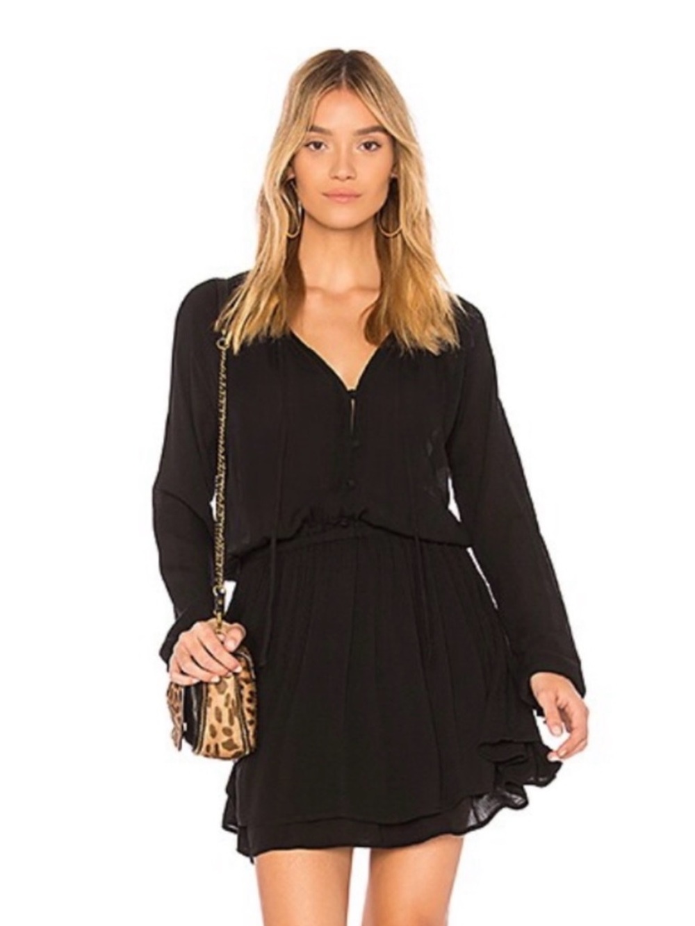 Black Long Sleeve V-Neck Smocked Ruffled Mini Dress